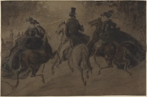 Cavalier and Two Ladies on Horseback by Constantin Guys, drawing, 1805-1892