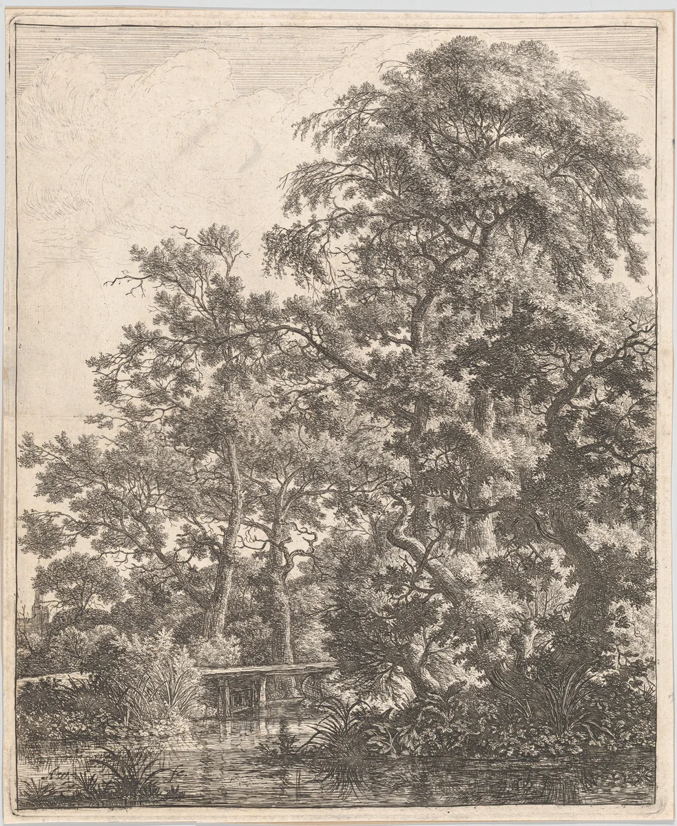A Small Bridge over a Stream by Anthonie Waterloo, print, 1620-1690