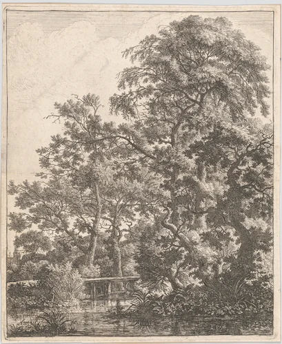 A Small Bridge over a Stream by Anthonie Waterloo, print, 1620-1690