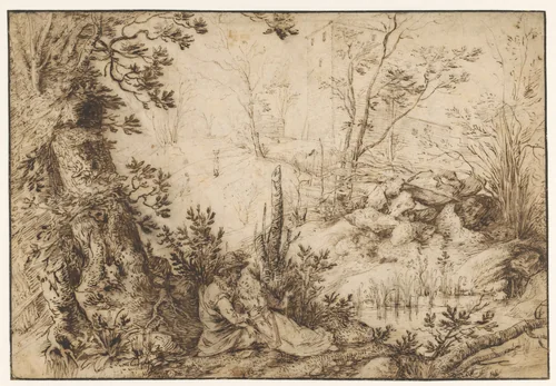 Landschap met een vrijend paartje by Paulus Willemsz. van Vianen, drawing, 1580-1613