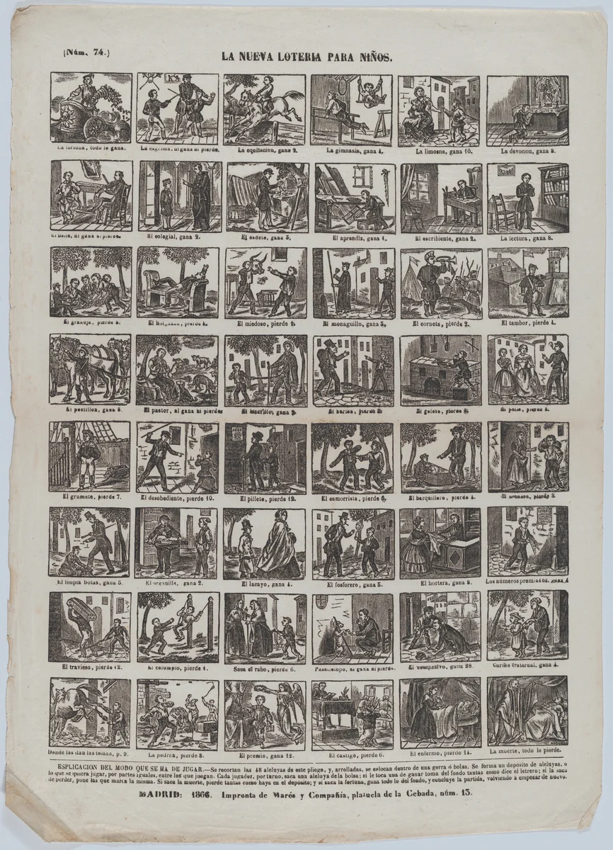 The new lottery game for children by José María Marés, print, 1866