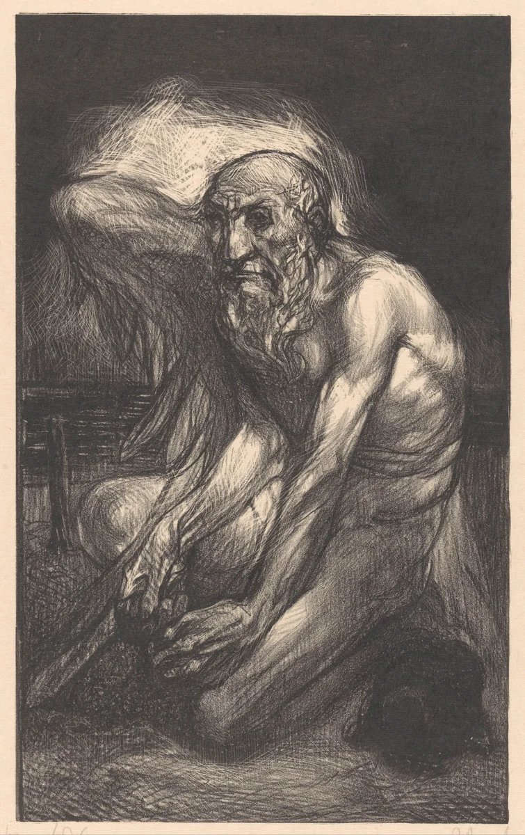 Zittende, bebaarde man met vleugels by Johannes Josephus Aarts, print, 1927