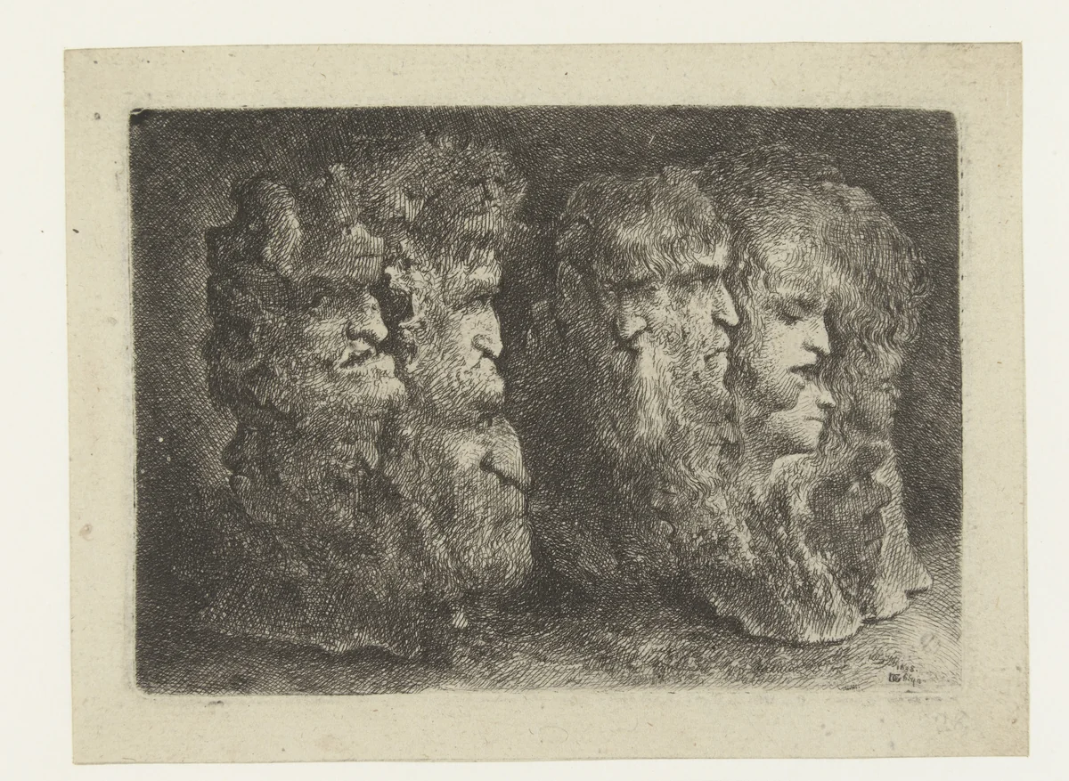 Verschillende koppen van mannen, dieren en mascarons by Bartholomeus Breenbergh, print, 1638