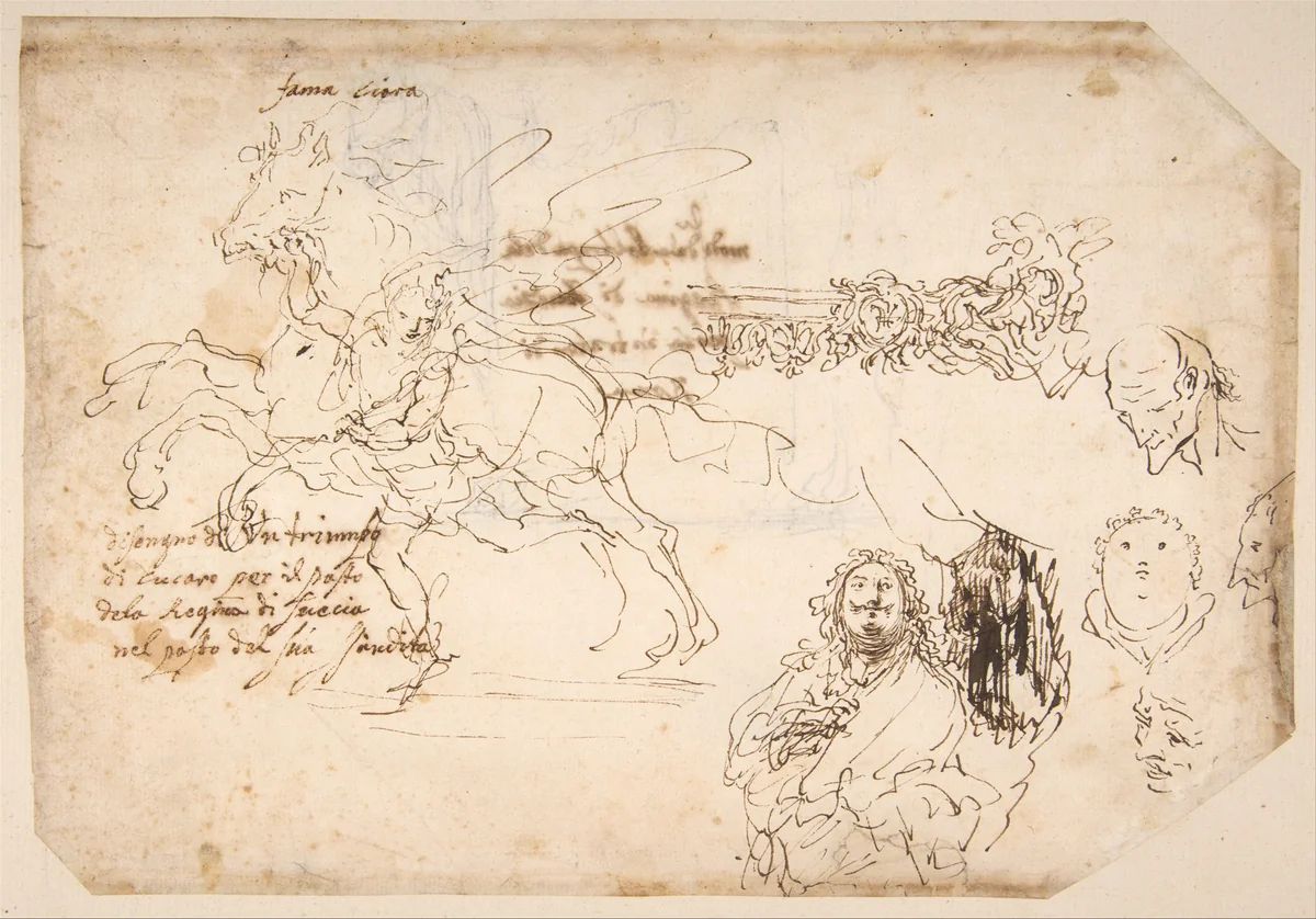 Sheet of Sketches: Sculpture for a Banquet Honoring Queen Christina of Sweden. by Giovanni Paolo Schor, drawing, 1630-1674