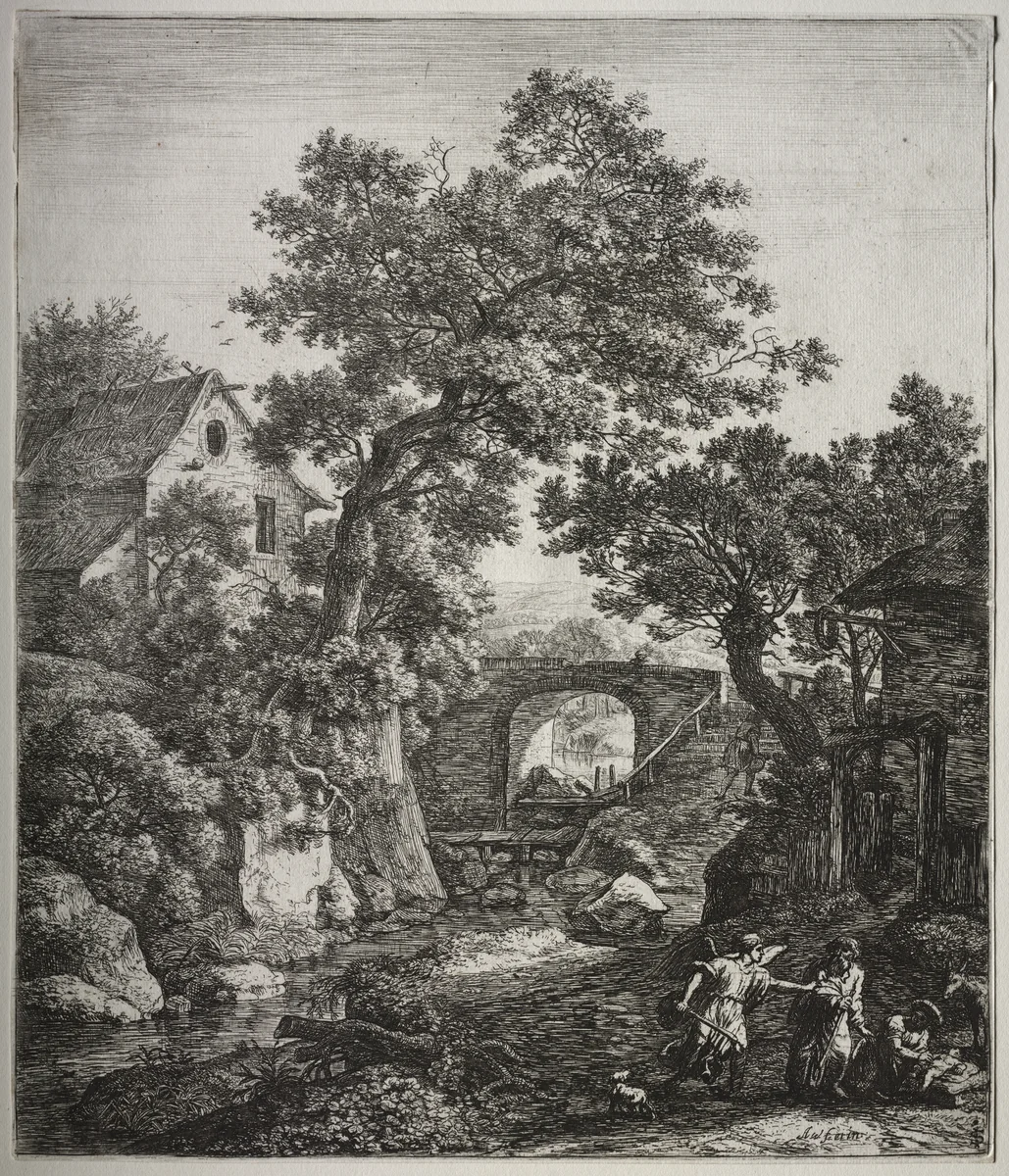 Six large upright landscapes with scenes from the Old Testament: Zipporah circumcising Her Son by Anthonie Waterloo, print, 1640-1690