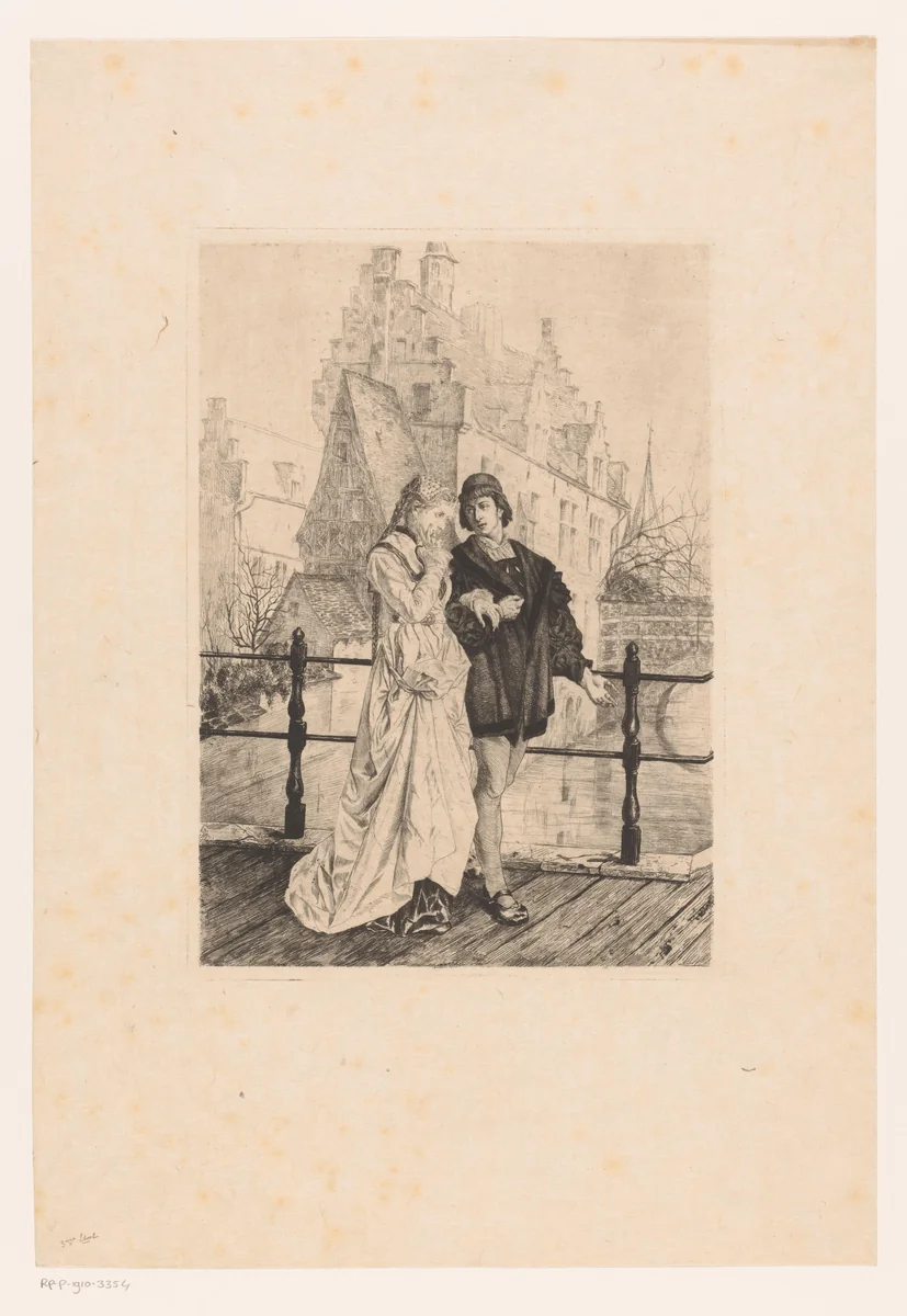 Jong koppel loopt arm in arm over een brug by Willem Geets, print, 1875