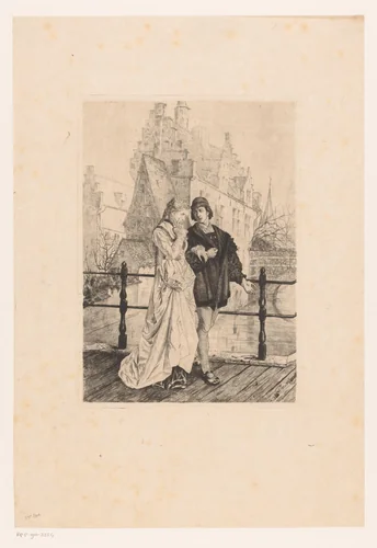 Jong koppel loopt arm in arm over een brug by Willem Geets, print, 1875