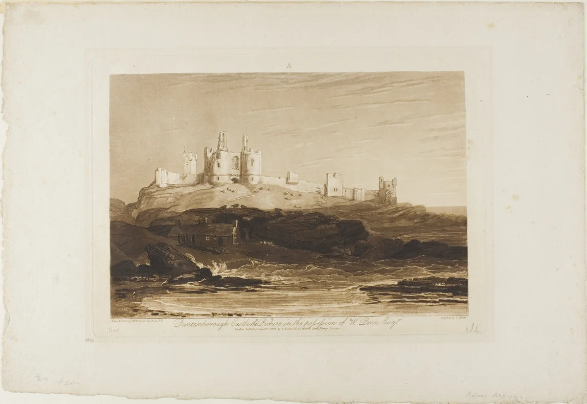 Dunstanborough Castle, plate 14 from Liber Studiorum by Joseph Mallord William Turner, print, 1808