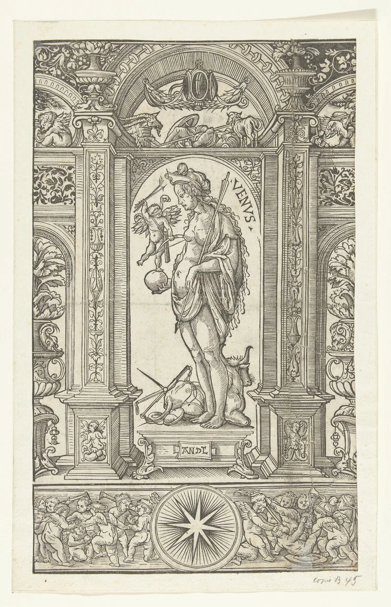 Venus met sterrenbeeld Weegschaal en Stier in architecturale omlijsting by Monogrammist ANDL, print, 1483-1581