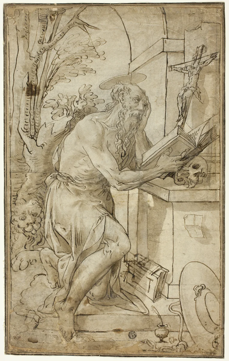 Saint Jerome in Penitence by Luca Cambiaso, drawing, 1575-1585