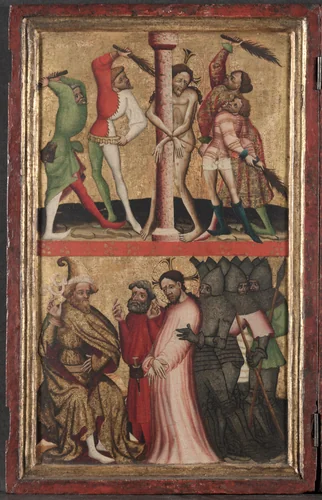 Diptych with the Passion of Christ (left wing):Flagellation and Christ Before Pilate by Unknown, painting, 1395-1405