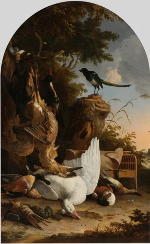 A Hunter’s Bag near a Tree Stump with a Magpie, Known as ‘The Contemplative Magpie’ by Melchior d' Hondecoeter, painting, 1678