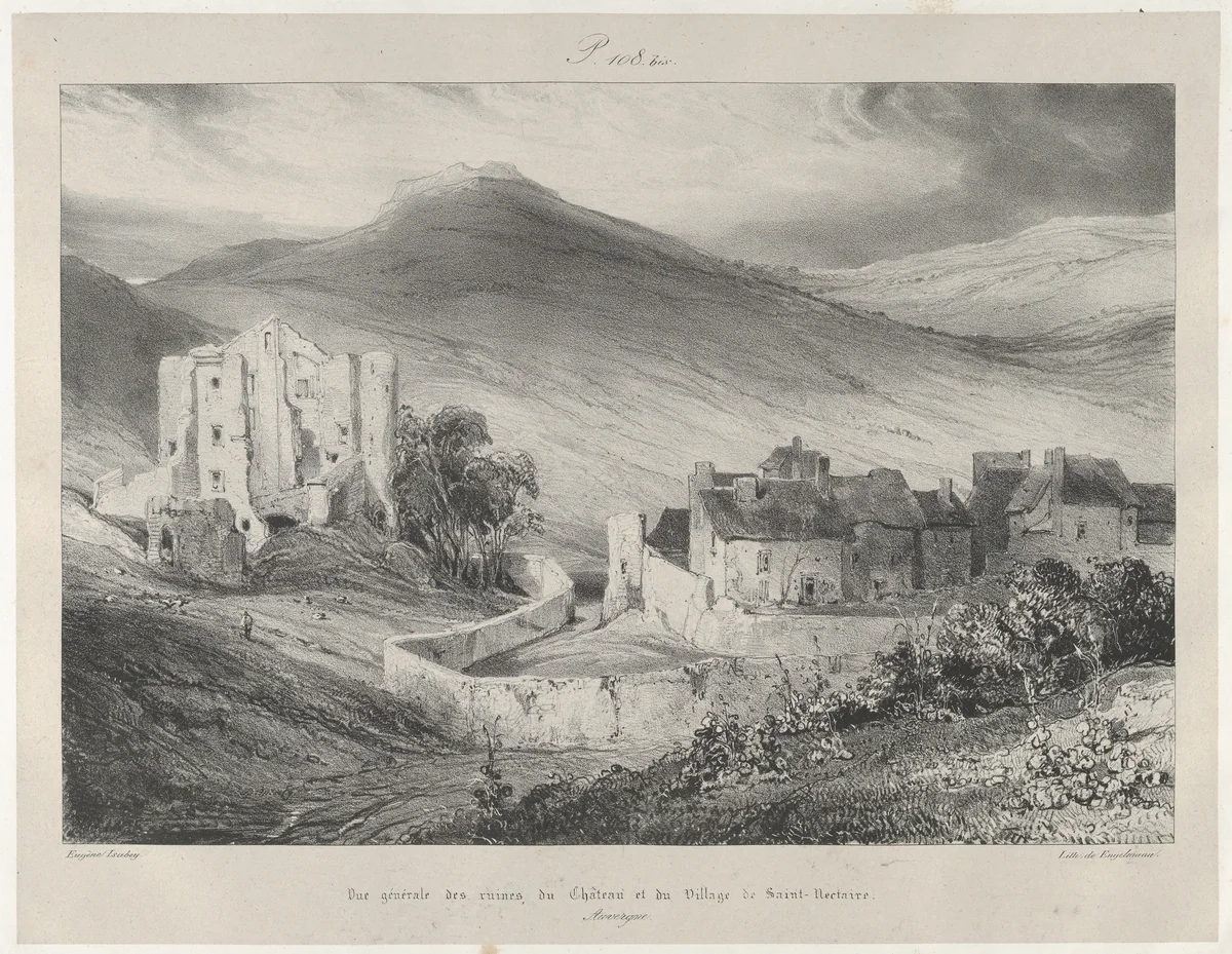General View of Castle Ruins and of The Village of Saint-Necataire by Eugène Isabey, print, 1831