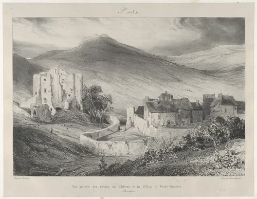 General View of Castle Ruins and of The Village of Saint-Necataire by Eugène Isabey, print, 1831