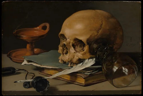 Still Life with a Skull and a Writing Quill by Pieter Claesz, painting, 1628