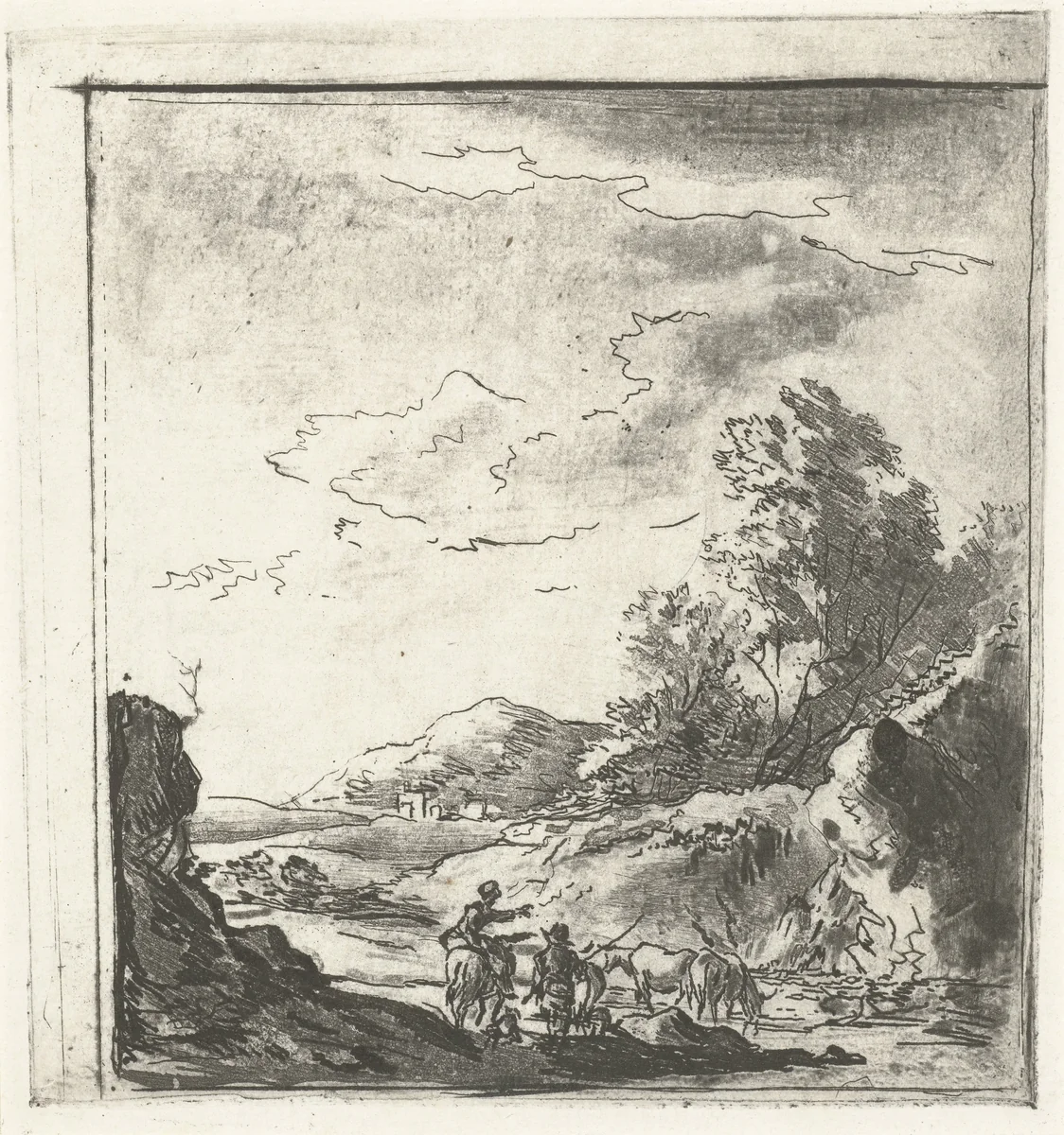 Landschap met ruiter en herder by Louis Bernard Coclers, print, 1756-1817