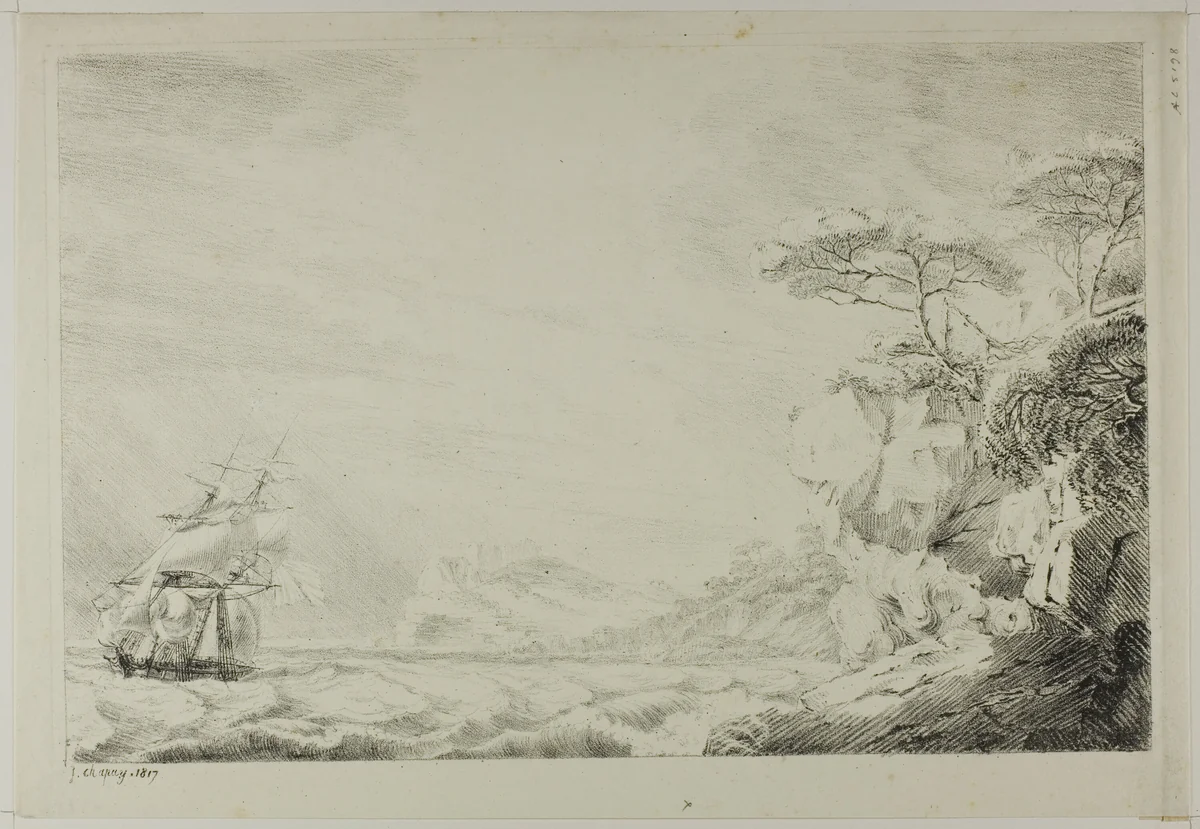 Landscape with Sailing Ship by Johann Joseph Chapuy, print, 1817