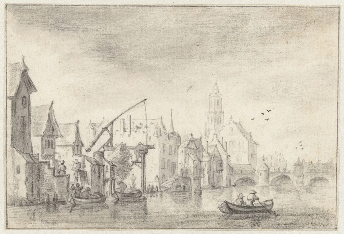 Gezicht op een stad aan het water by anonymous, drawing, 1610-1703