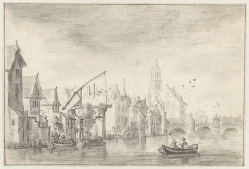 Gezicht op een stad aan het water by anonymous, drawing, 1610-1703