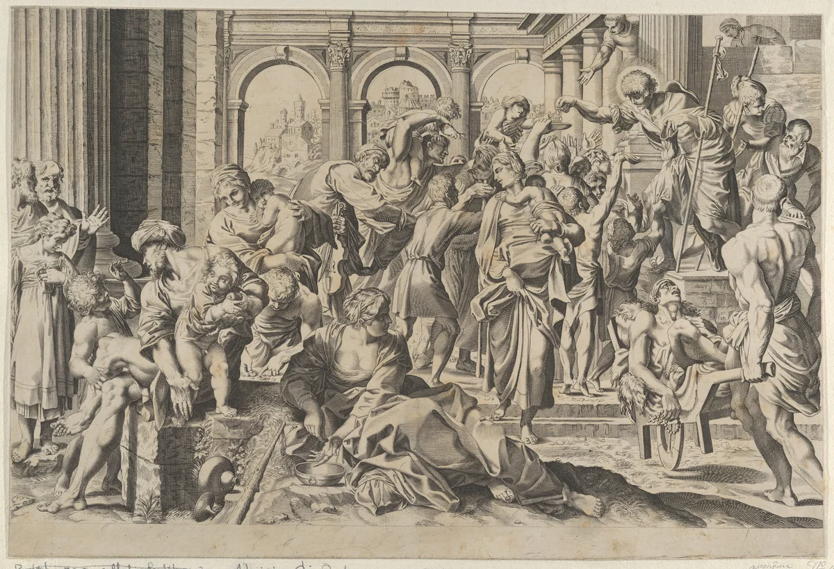 Saint Roch at right distributing alms to a group of people gathered around him, after Annibale Caracci by anonymous, print, 1595-1640