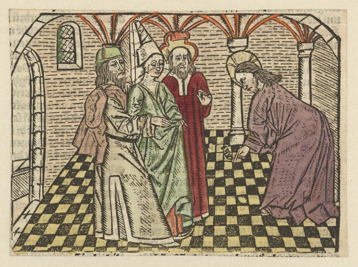 Christus en de overspelige vrouw by Unknown, print, 1485-1491