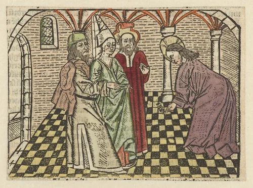 Christus en de overspelige vrouw by Unknown, print, 1485-1491