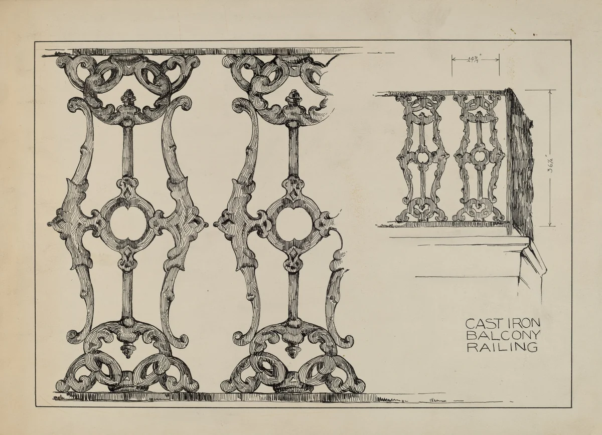 Iron Balcony Railing by Aurelia Arbo, index of american design, 1936
