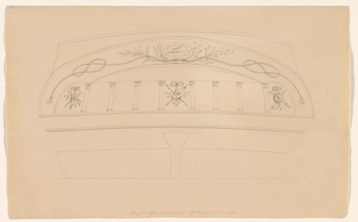 Ontwerp voor de spiegel van het fregat Delta by A.J. Schouten, drawing, 1839