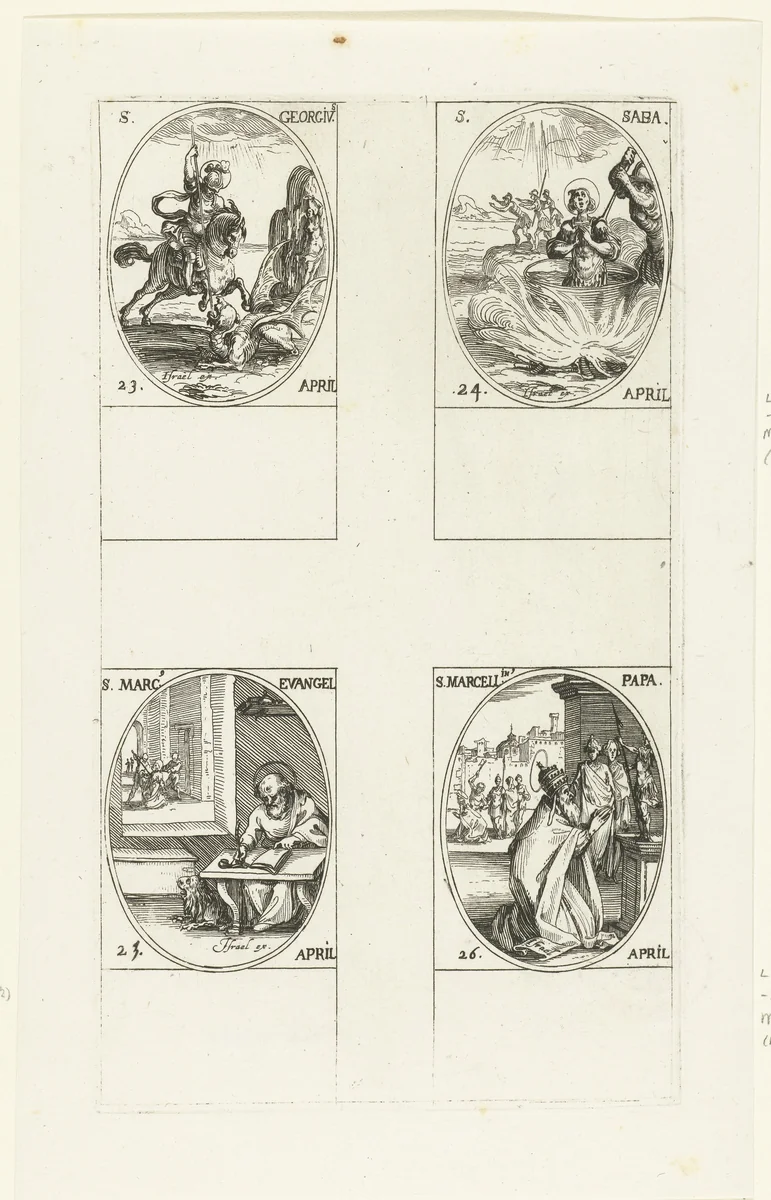 Heilige Joris, Heilige Sabas de Goot, Heilige Marcus de Evangelist, Heilige Marcellinus (23-26 april) by Jacques Callot, print, 1632-1636