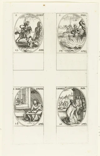 Heilige Joris, Heilige Sabas de Goot, Heilige Marcus de Evangelist, Heilige Marcellinus (23-26 april) by Jacques Callot, print, 1632-1636