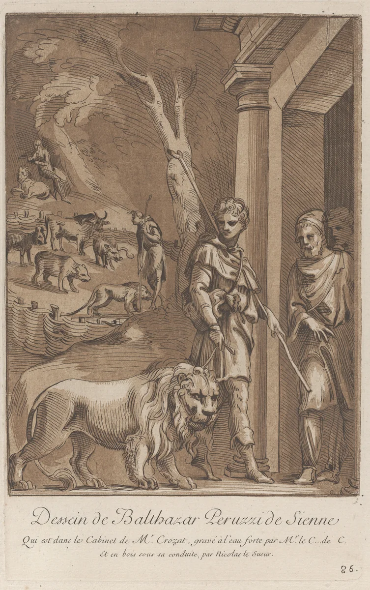 A shepherd holding a lion on a leash in the foreground, in the middle ground the shepherd stands in a meadow surrounded by wild beasts, in the background the shepherd is seated on a rock with the lion at his side; from 'Recueil d'estampes d'après les plus beaux tableaux et d'après les plus beaux desseins qui sont en France, Cabinet Crozat' after a drawing by Baldassare Peruzzi by Anne Claude Philippe de Tubières, print, 1724-1769