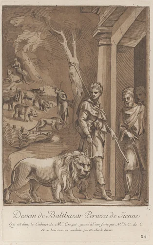 A shepherd holding a lion on a leash in the foreground, in the middle ground the shepherd stands in a meadow surrounded by wild beasts, in the background the shepherd is seated on a rock with the lion at his side; from 'Recueil d'estampes d'après les plus beaux tableaux et d'après les plus beaux desseins qui sont en France, Cabinet Crozat' after a drawing by Baldassare Peruzzi by Anne Claude Philippe de Tubières, print, 1724-1769