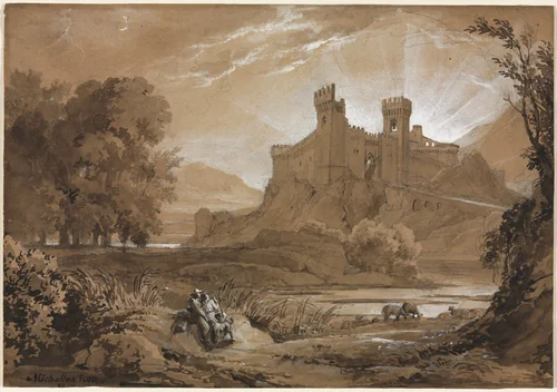 Landscape with Castle and Shepherds by Achille Etna Michallon, drawing, 1814