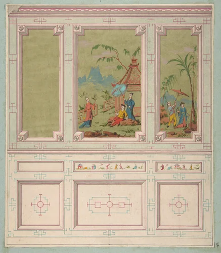 Design for wall panels decorated with Chinoiserie scenes by Jules-Edmond-Charles Lachaise, drawing, 1850-1900
