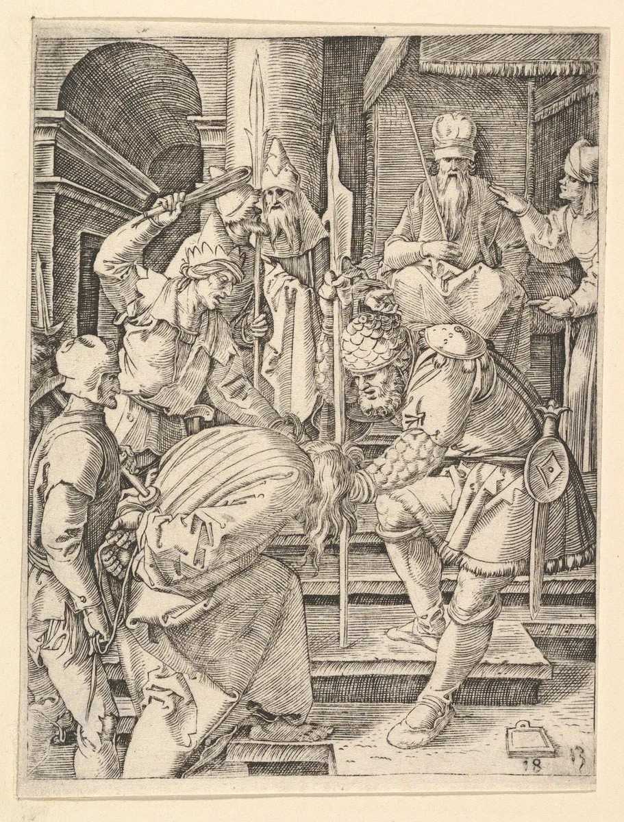 Christ captured and being dragged by hair up steps before the throne of the high priest Annas, from "The Passion of Christ", after Dürer by Marcantonio Raimondi, print, 1495-1539