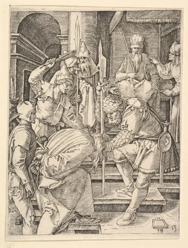 Christ captured and being dragged by hair up steps before the throne of the high priest Annas, from "The Passion of Christ", after Dürer by Marcantonio Raimondi, print, 1495-1539