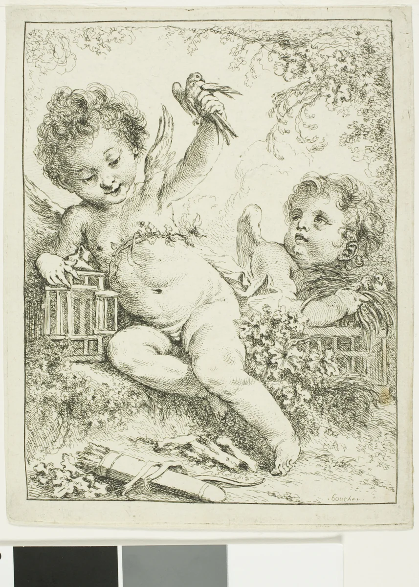 Two Putti with a Bird by François Boucher, print, 1723-1770