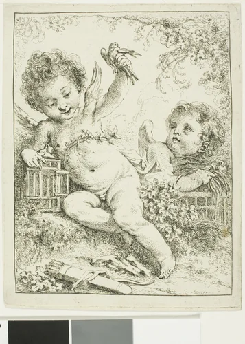 Two Putti with a Bird by François Boucher, print, 1723-1770