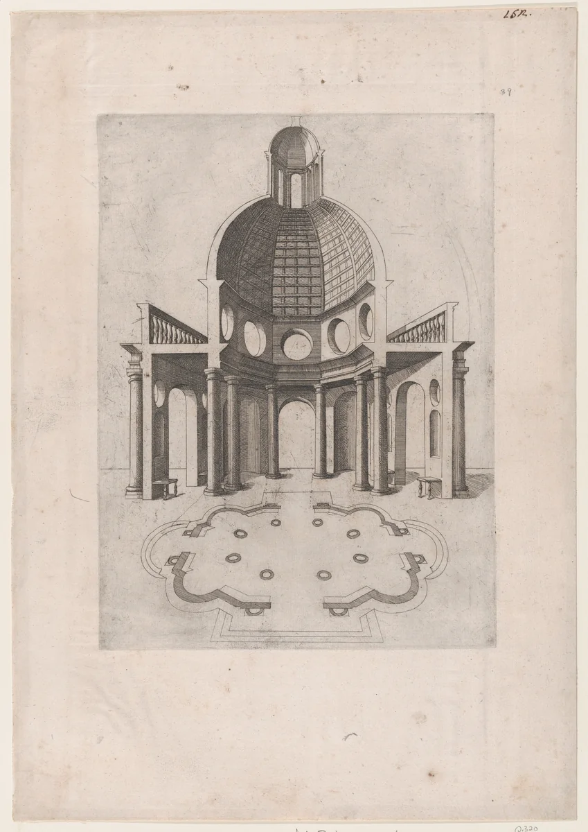Interior and ground plan of an octagonal temple, from "Speculum Romanae Magnificentiae" by anonymous, print, 1530-1580