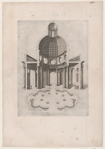 Interior and ground plan of an octagonal temple, from "Speculum Romanae Magnificentiae" by anonymous, print, 1530-1580