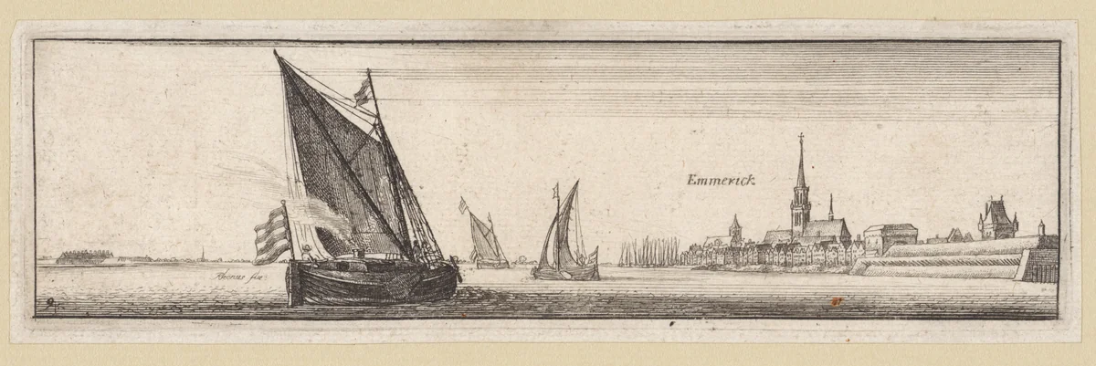 Rivierlandschap met gezicht op Emmerich by Wenceslaus Hollar, print, 1643