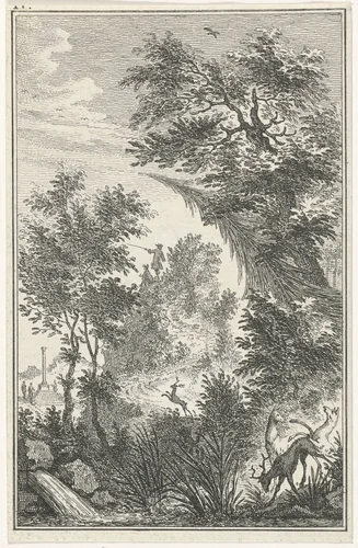 Bergachtig landschap met herten by Simon Fokke, print, 1722-1784