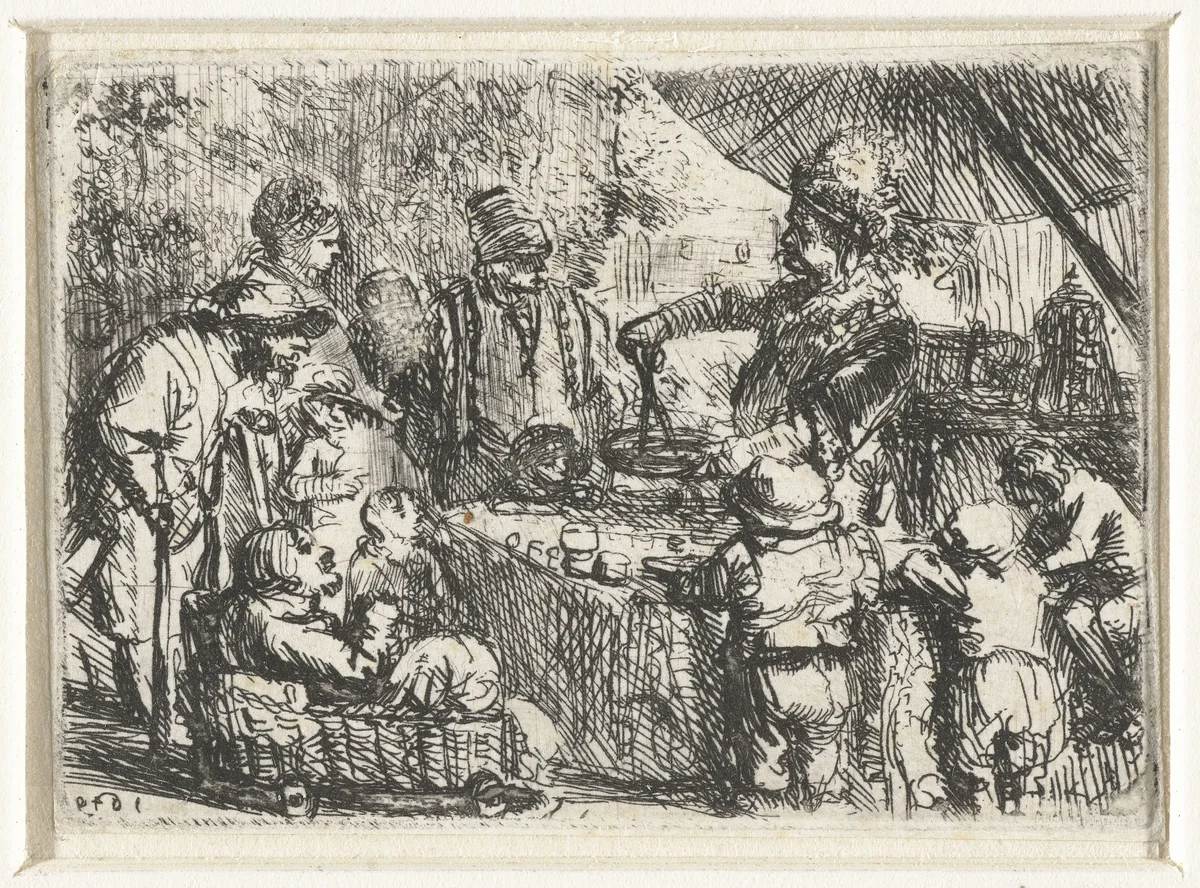 Goochelaar onder een parasol by Constantijn à Renesse, print, 1649