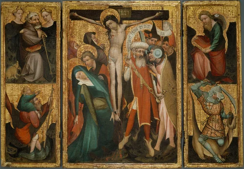 Triptych of the Crucifixion with Saints Anthony, Christopher, James and George by Netherlandish or German, painting, 1390-1410