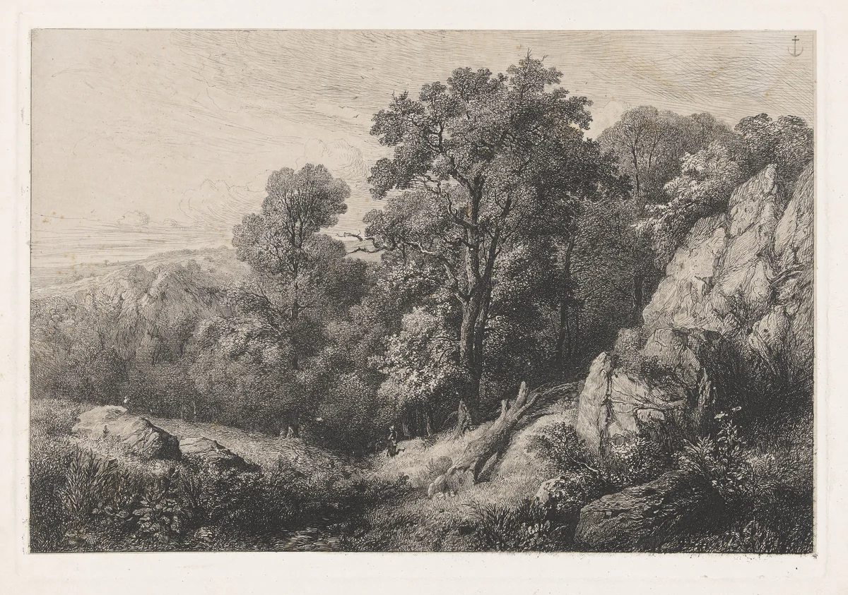 Heuvelachtig landschap met wandelaar by Martinus Antonius Kuytenbrouwer jr., print, 1831-1897