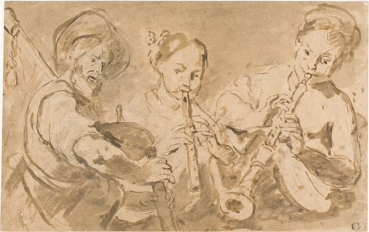 Three Musicians Playing Horns and Pipe by Bernardo Strozzi, drawing, 1601-1698