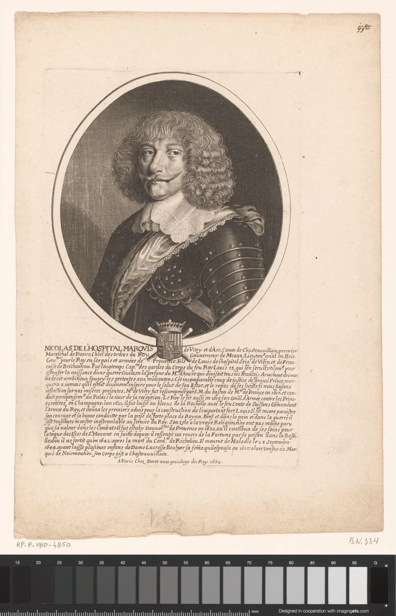 Portret van Nicolas de L'Hospital by Pierre Daret, print, 1652