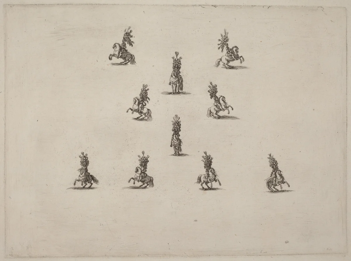 Ten Cavaliers with Large Plumed Helmets by Stefano della Bella, print, 1652