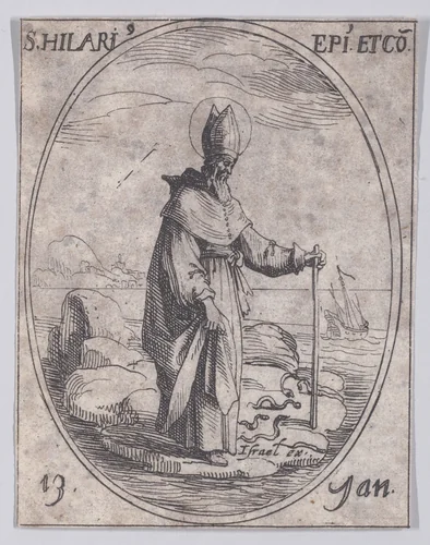 S. Hilaire, évêque et confesseur (St. Hilary, Bishop and Confessor), January 13th, from "Les Images De Tous Les Saincts et Saintes de L'Année" (Images of All of the Saints and Feast Days of the Year) by Jacques Callot, print, 1636