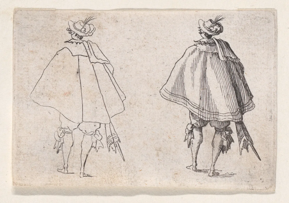 Reverse Copy of Le Gentilhomme au Grand Manteau, Vu de Dos (Gentleman with a Large Mantle, Viewed from Behind), from "Les Caprices" Series A, The Florence Set by anonymous, print, 1620-1700